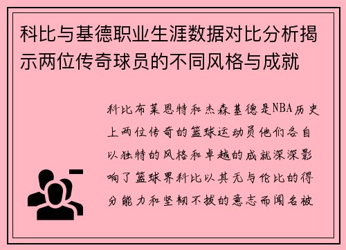 科比与基德职业生涯数据对比分析揭示两位传奇球员的不同风格与成就